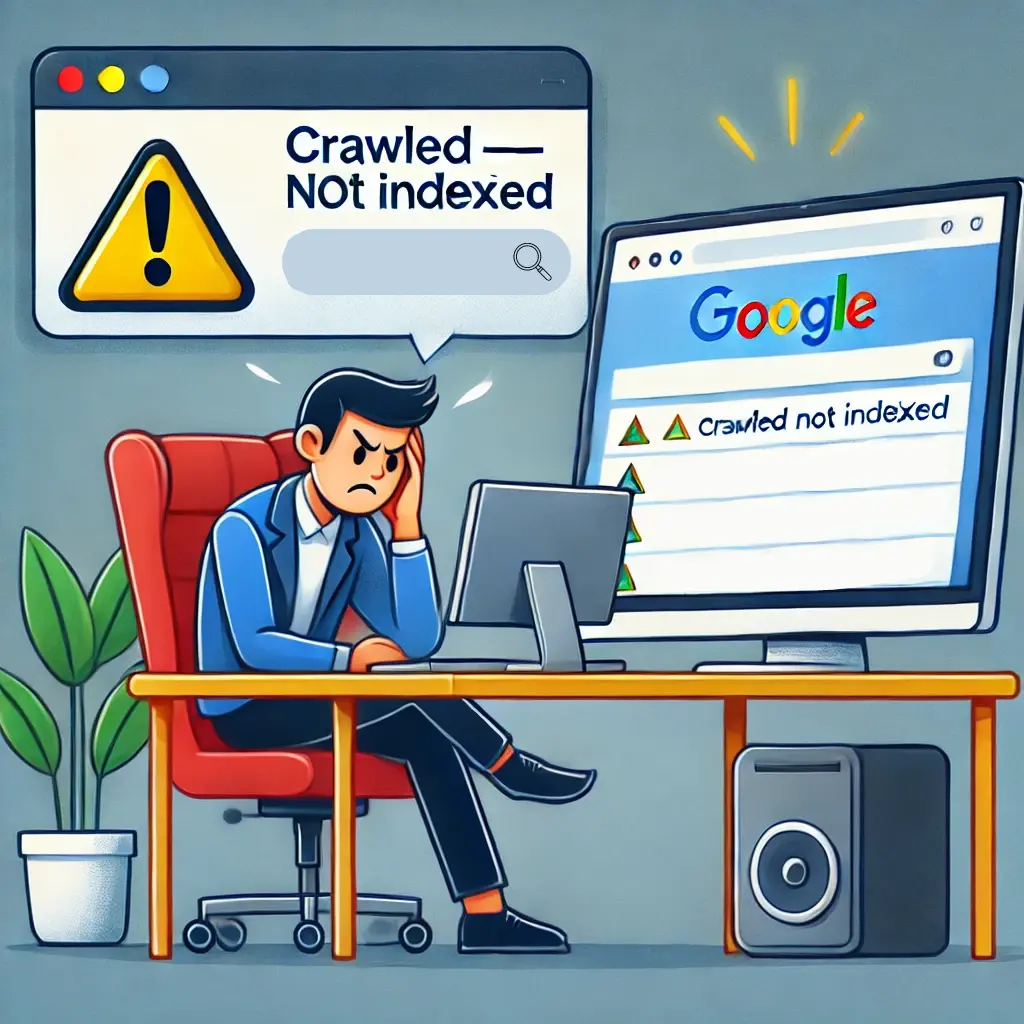 Persoană frustrată care stă la un birou și se uită la ecranul unui computer care afișează un mesaj „Crawled — Not indexed”, indicând o problemă de indexare a site-ului web pe Google.