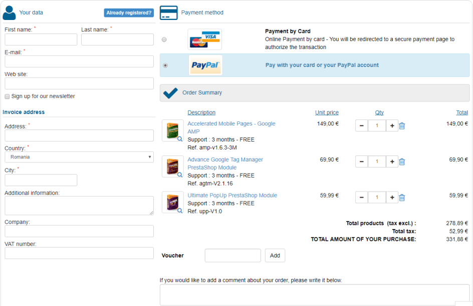 One Page Checkout site
