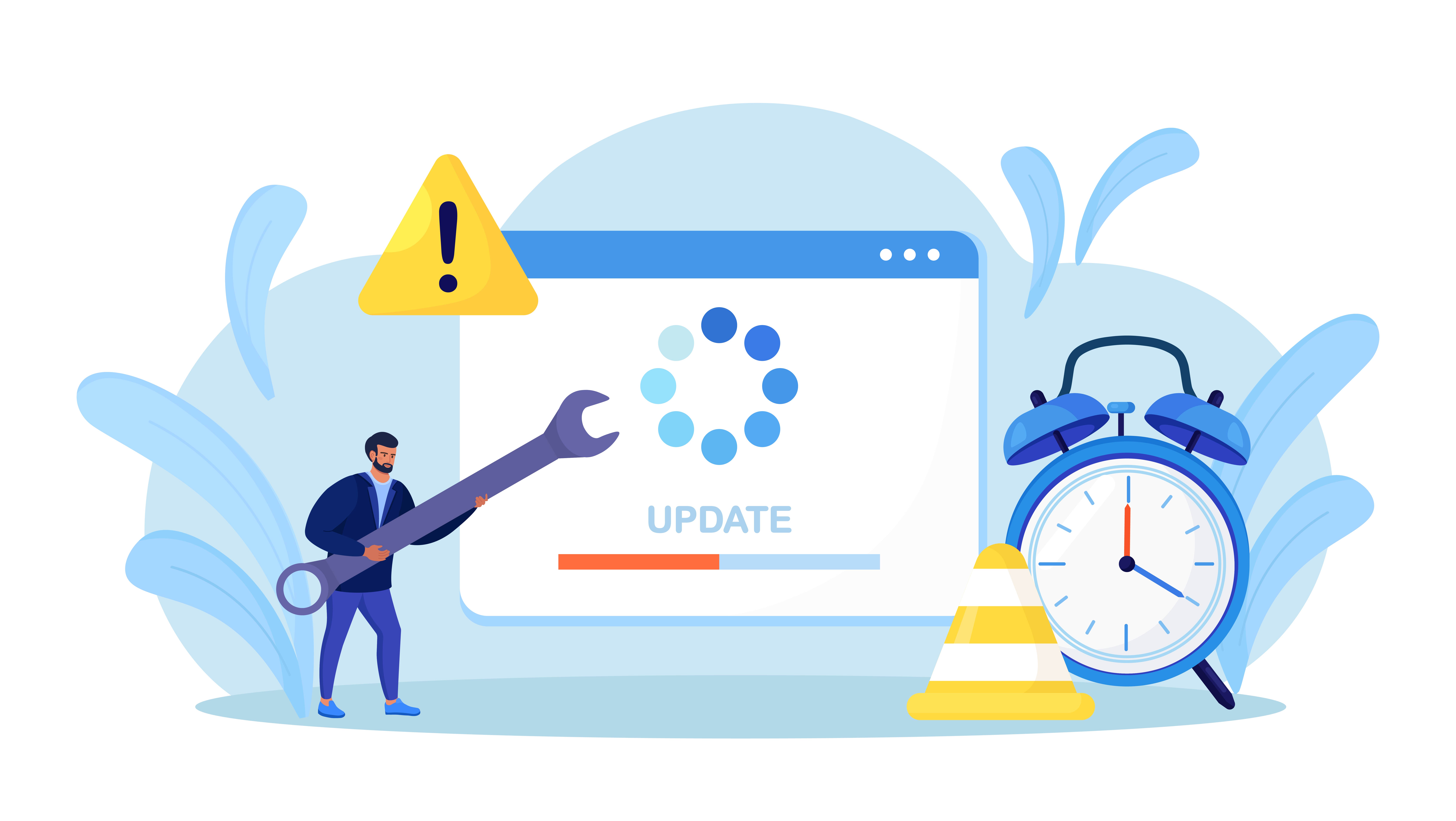 Ilustrație de actualizare a site-ului web cu un bărbat și o cheie franceză.