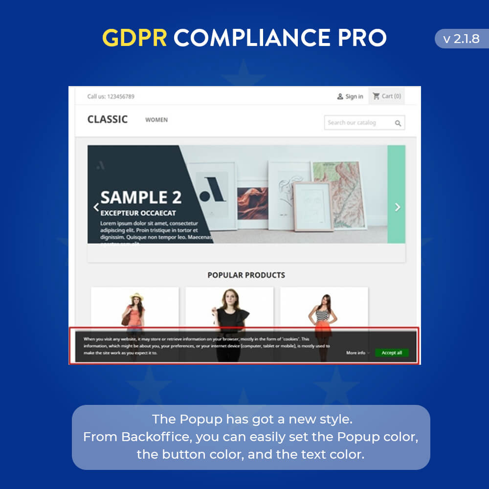 The popup has got a new style. From Backoffice, you can easily set the Popup color, the button color , and the next color.