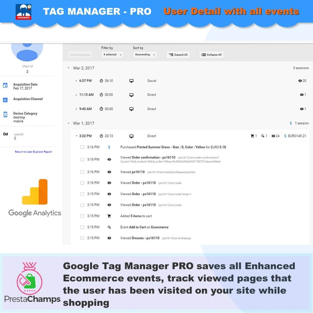 Google Tag Manager PRO saves all Enhanced Ecommerce events, track viewed pages that the user has been visited on your site while shopping.