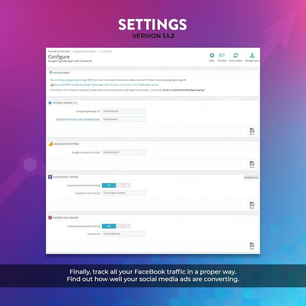 Social pixel tracking settings